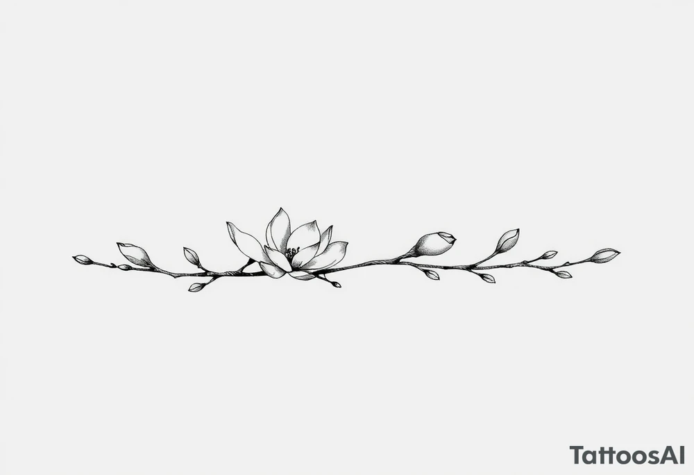 Magnolia branch long with different half opened flowers, botanical details tattoo idea