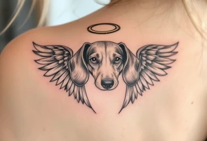 Dachshund ears between wings with a halo above and the name Cash tattoo idea