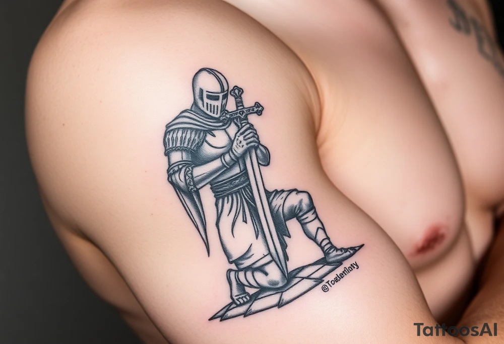 Weary knight with sword praying to the cross on one knee tattoo idea