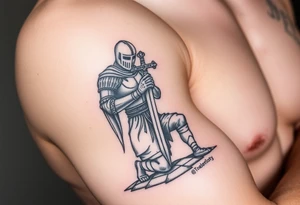 Weary knight with sword praying to the cross on one knee tattoo idea