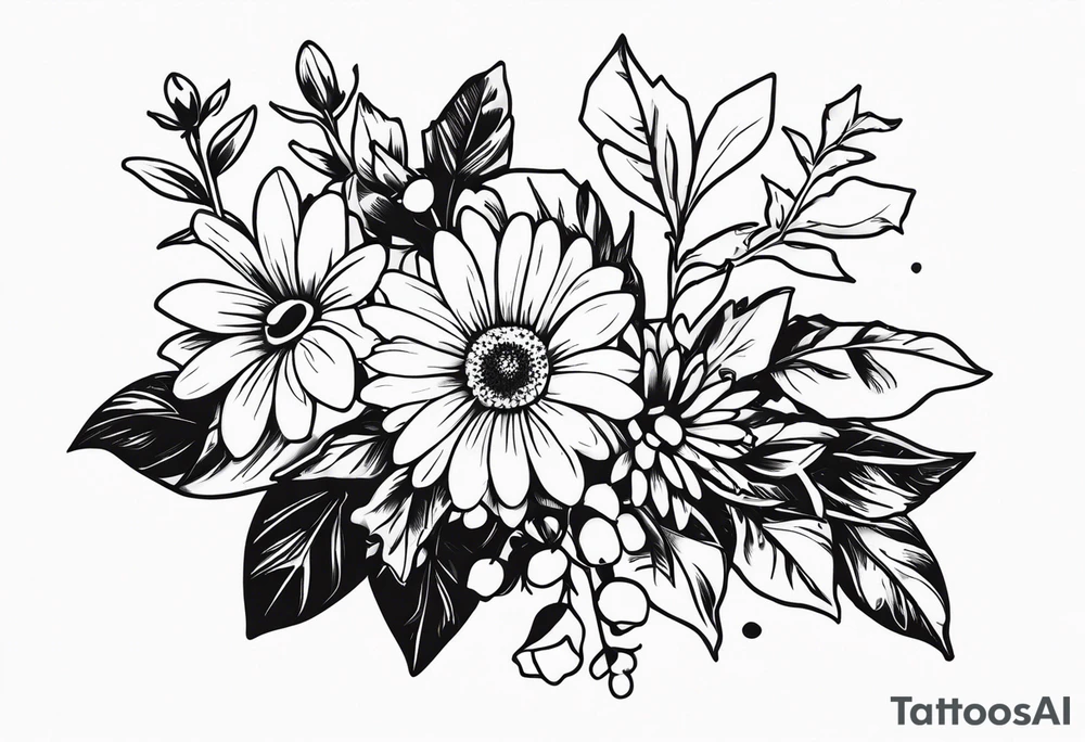 Daisy, rose, holly flower bouquet tattoo idea