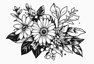 Daisy, rose, holly flower bouquet tattoo idea