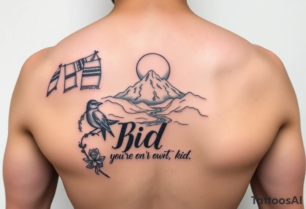 upper arm tattoo with buddhist prayer flags, mountain, river, "you're on your own, kid", little blue bird, daffodil, and full moon tattoo idea