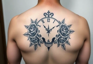 Clock face 11:43 as set time. With roses and skull tattoo idea