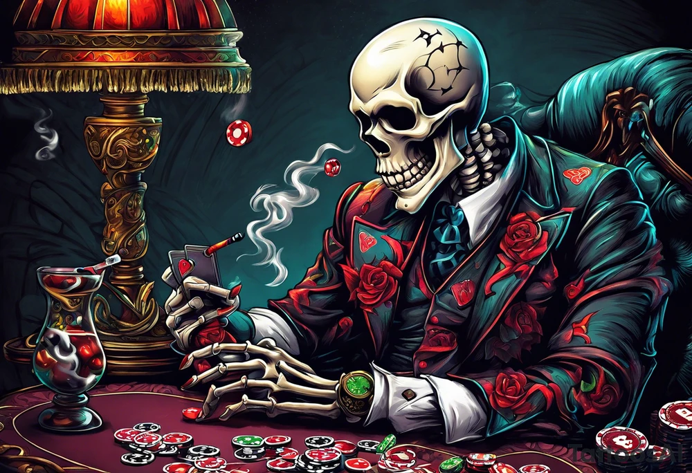 Phrase: "Don't deal with the devil"
skeleton smoking cigar with poker chips, dealing the cards tattoo idea