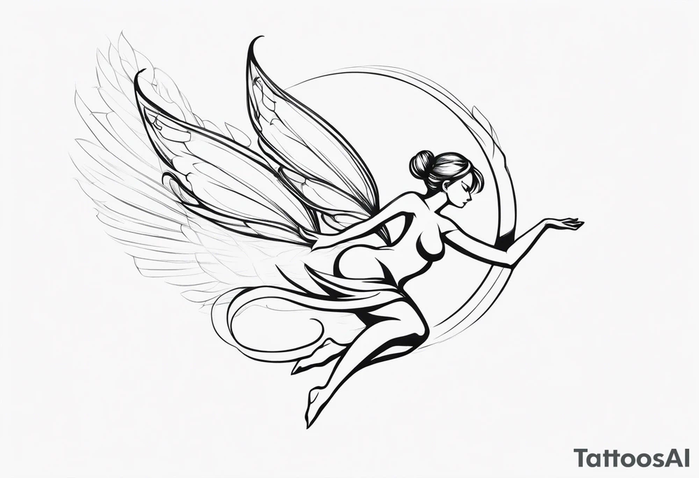 Minimalistic, monochromatic fairy with a tail flying to the left in a fetal position, leaning and looking in the same direction, with visible hands, embodying the 'Fairy Tail' logo aesthetic. tattoo idea