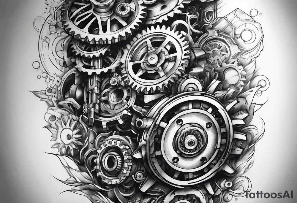 a cyborg armsleeve with gears and pistons and springs tattoo idea