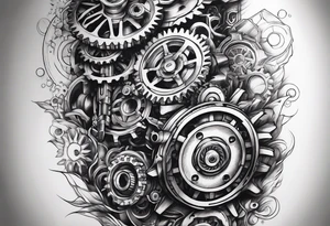 a cyborg armsleeve with gears and pistons and springs tattoo idea