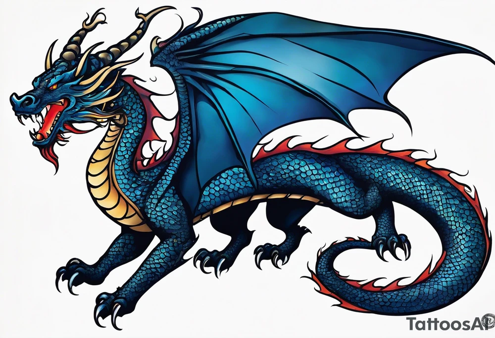 An epic with no wings, floating. Its long body coiling dynamically, with scales and horns detailed to create a sense of movement and strength. The dragon's main color is midnight blue, giving a vibrant depth and a mystical aura. This tattoo highlights the dragon’s fierce expression and sharp claws. tattoo idea