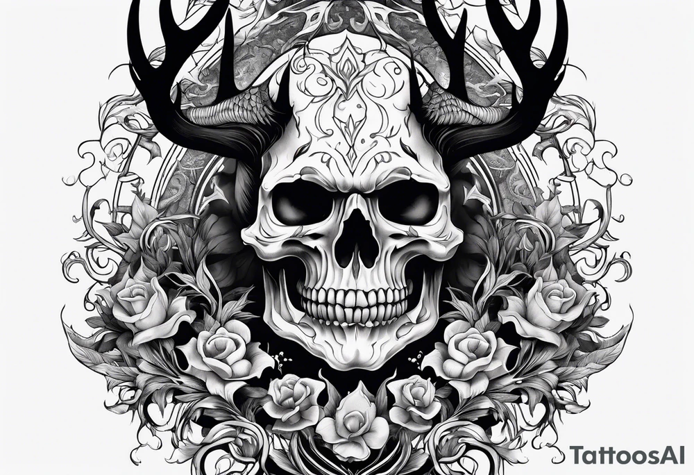 creepy demon with deer skull tattoo idea