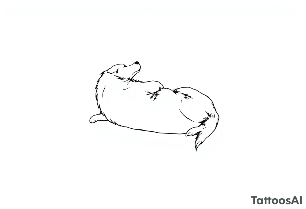 An illustration of a Border Collie tattoo in a minimalist feminine style. The design is elegant and delicate, created with a single continuous line, depicting the dog lying on its back, capturing the grace and character of the breed. tattoo idea