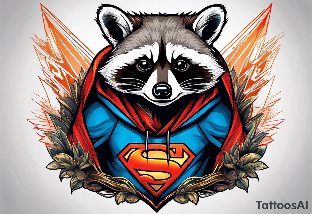 raccoon wearing a Superman hoodie tattoo idea