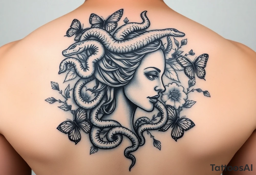 Side portrait of Medusa with snakes heads, floral background and butterflies tattoo idea