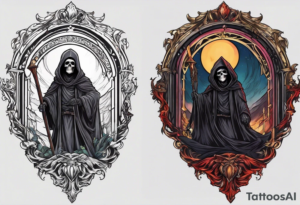 A full body grim reaper with his hood completely off, a halo above his head. tattoo idea