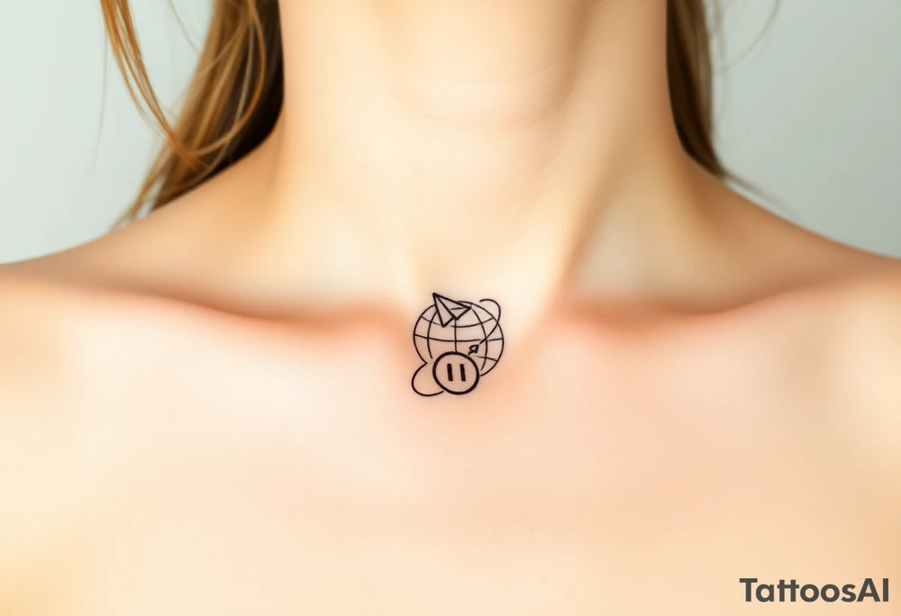 Line tattoo scene with paper plane, globe, play symbol, pause symbol, stop symbol, rewind symbol, mental health awareness tattoo idea
