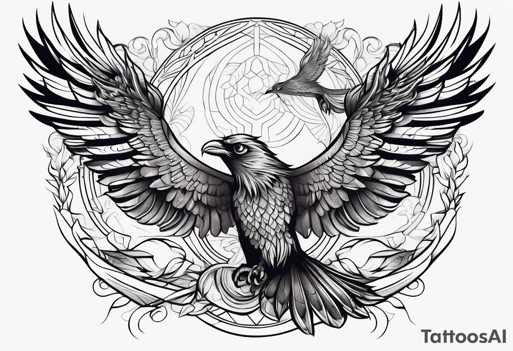 Pheonix and raven fighting with owl flying in at them tattoo idea