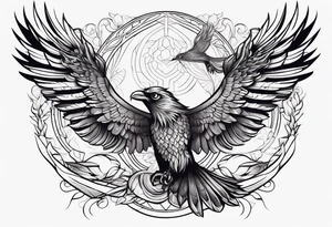 Pheonix and raven fighting with owl flying in at them tattoo idea