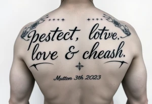 Full sleeve with the words, protect, love, and cherish. With my daughters name “Sutton” and her birthday May 30th 2023 tattoo idea