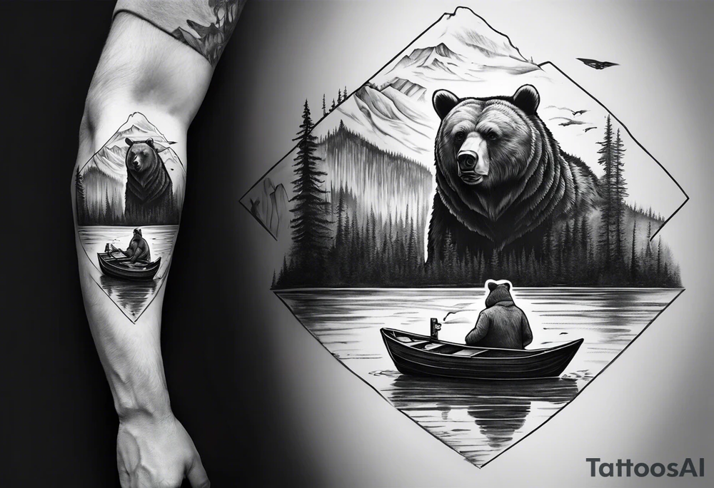 bear head right above the forest line with a lake below with a small fisher boat floating on it, full sleeve tattoo tattoo idea