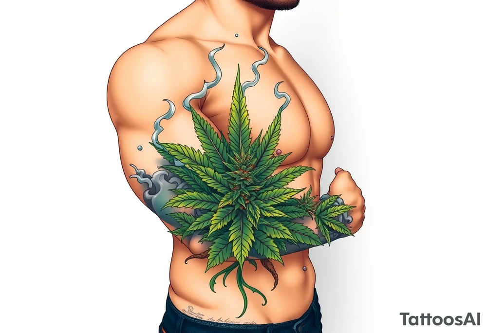 Massive weed plant surrounded by smoke tattoo idea