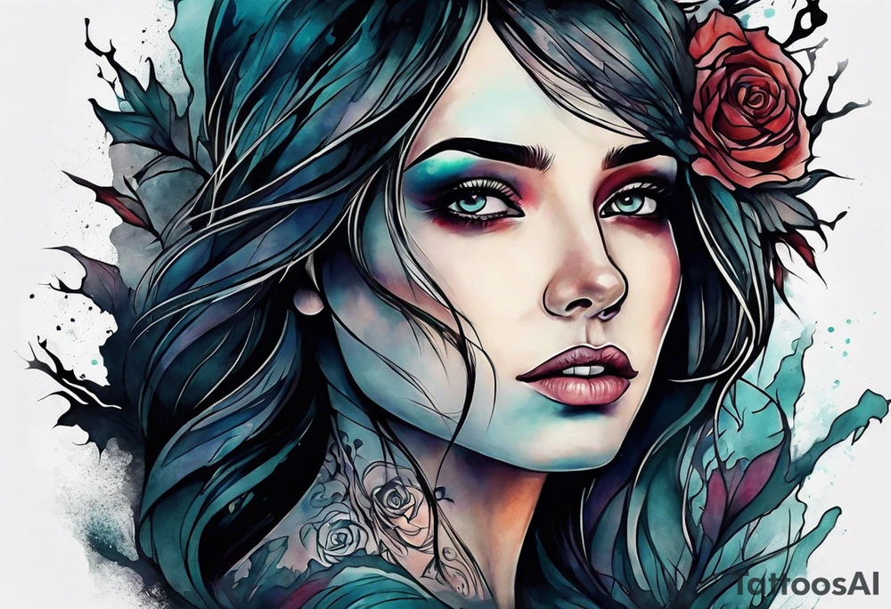 Courageous Woman with a tear running down her face walking out of a graveyard  leaving her old terrifying, scary, violent past behind her ethereal and mysterious tattoo idea
