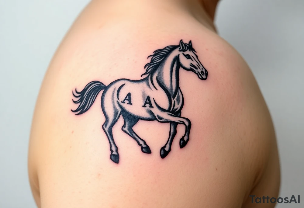 horse silhouette from the front which gallops from the front, with the 3 small letters discreetly integrated: L, A, M tattoo idea