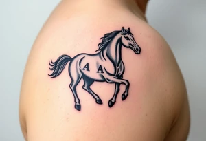 horse silhouette from the front which gallops from the front, with the 3 small letters discreetly integrated: L, A, M tattoo idea