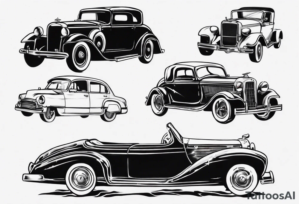 Two old vintage cars facing each other tattoo idea