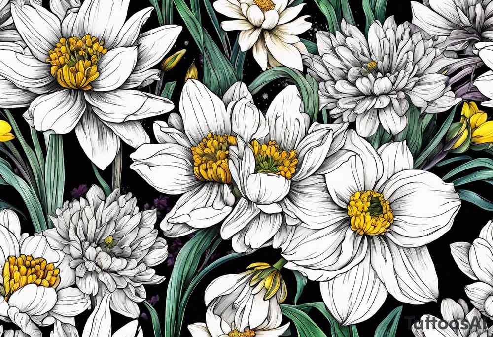 Narcissus, CHRYSANTHEMUM, COSMOS, SNOW DROP in bouquet w stems tattoo idea
