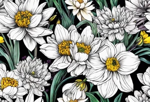 Narcissus, CHRYSANTHEMUM, COSMOS, SNOW DROP in bouquet w stems tattoo idea