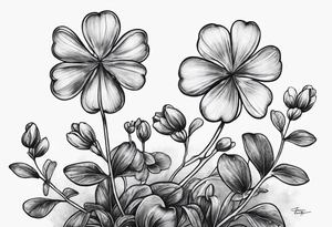 Two impressionist lightly drawn clovers with the name Liam on one stem and Sully on the other stem tattoo idea