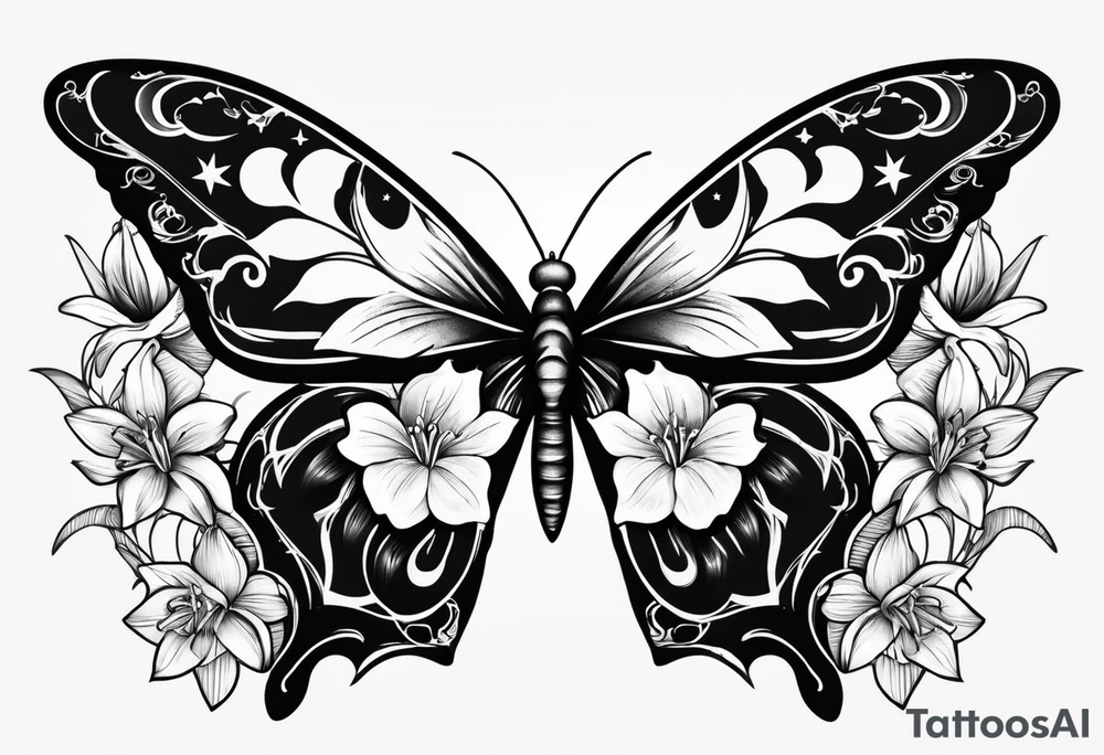 Moon and stars moth lily tattoo idea
