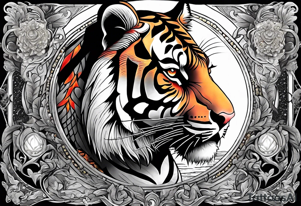 Full right arm sleeve a tiger at the top with a crown and third eye underneath a large hour glass with a brain and heart inside of it tattoo idea