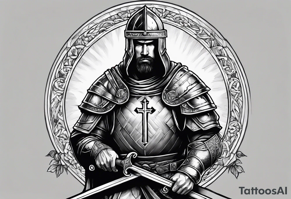 Crusader warrior holding a sword and wearing a cross on their armor, kneeling tattoo idea