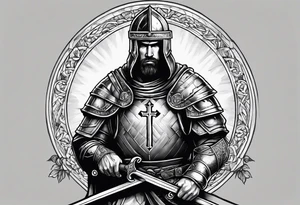 Crusader warrior holding a sword and wearing a cross on their armor, kneeling tattoo idea