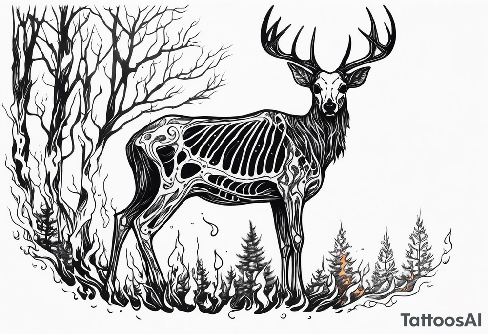 side profile of a DECAYING deer skeleton JUST BONE supernatural cannibal surrounded by a flames and trees tattoo idea