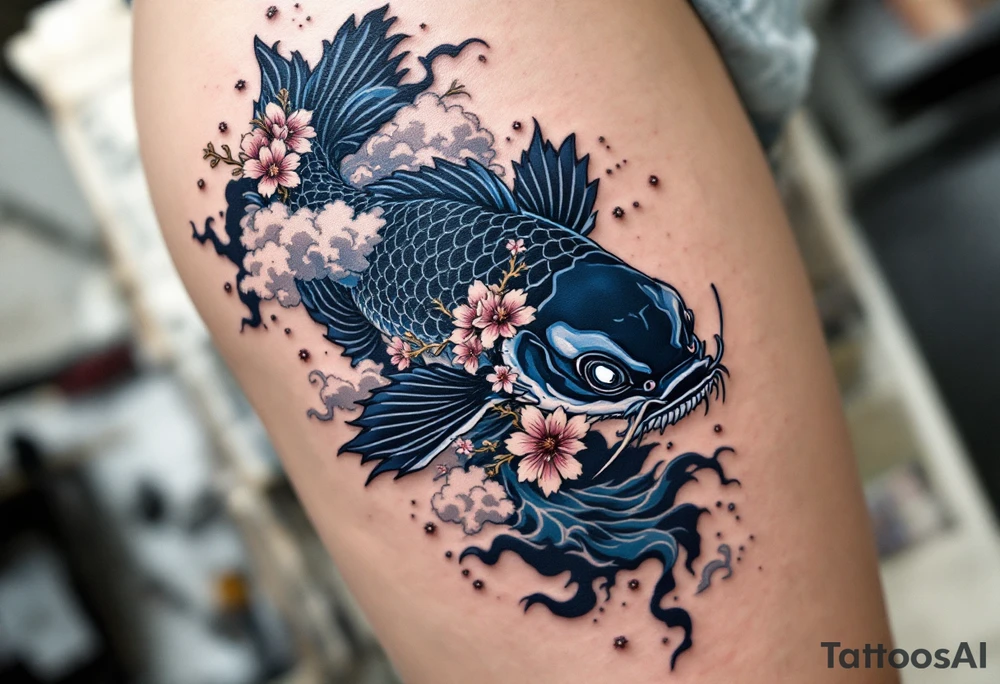 Japanese-Inspired Catfish (Namazu) – A mythological catfish with black and indigo scales, surrounded by dramatic waves, cherry blossoms, and storm clouds, done in Irezumi style. tattoo idea