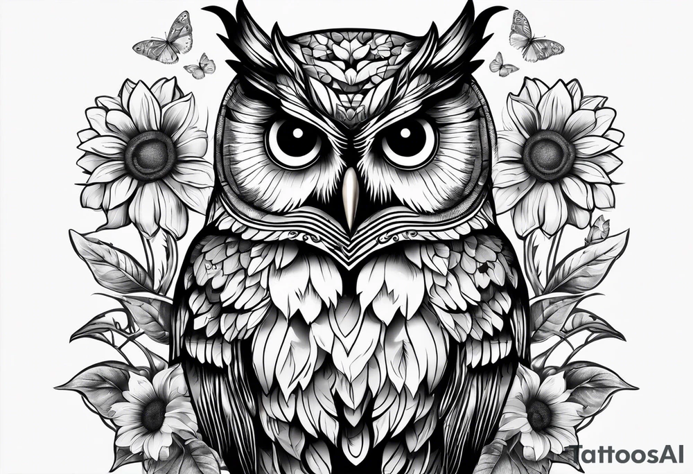 Small owl.with sunflowers and butterflies tattoo idea