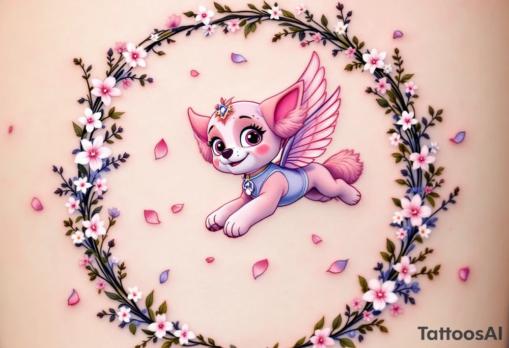 Skye from paw patrol flying gracefully above a wedding arch, her wings shimmering in soft pink and lavender hues, with delicate petals falling around her. The arch is adorned with ivy and small white flowers, symbolizing love and unity. tattoo idea