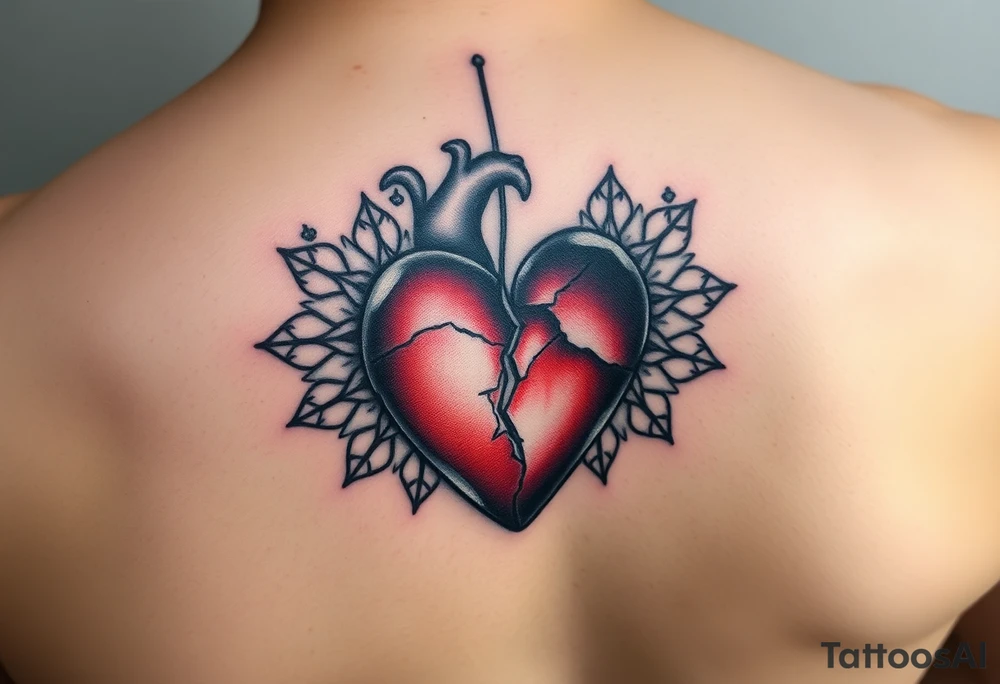 A heart that's half broken holding on by a thread and cracked with mandala art around it tattoo idea