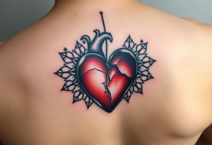 A heart that's half broken holding on by a thread and cracked with mandala art around it tattoo idea