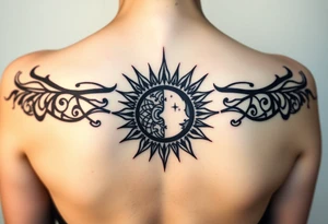 celestial sun and moon embrace with constellation patterns tattoo idea