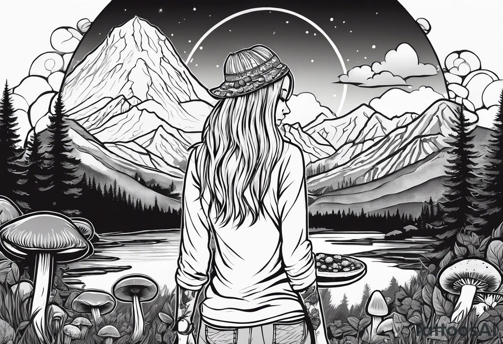 Whole picture encircled fully

Straight long blonde hair hippie girl in distance holding mushrooms in hand facing away toward mountains and creek surrounded by mushrooms long sleeve shirt and hiking pants; whole rendering within a full circle, no cut off circle tattoo idea