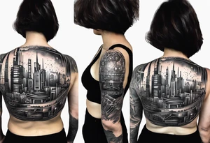 BLACK AND GREY
A tattoo featuring a futuristic cityscape with elements of music and technology integrated throughout tattoo idea