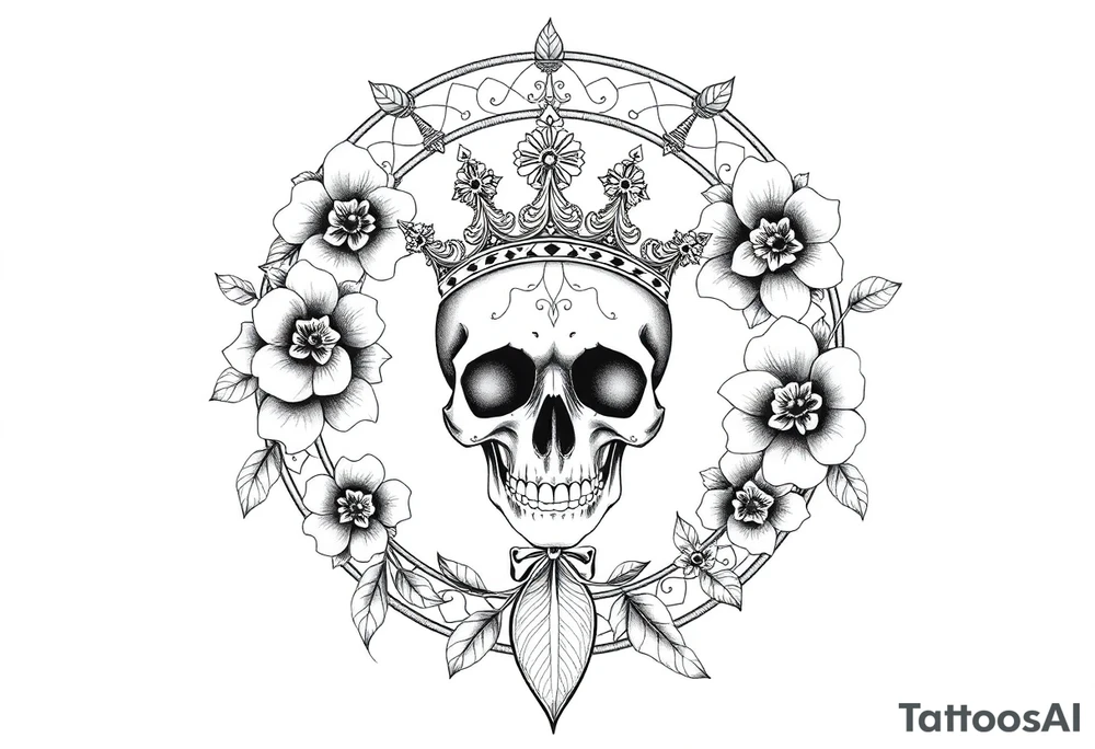 Mandala dream catcher with detailed beautiful gothic boho flowers on vine and skull with gorgeous crown tattoo idea