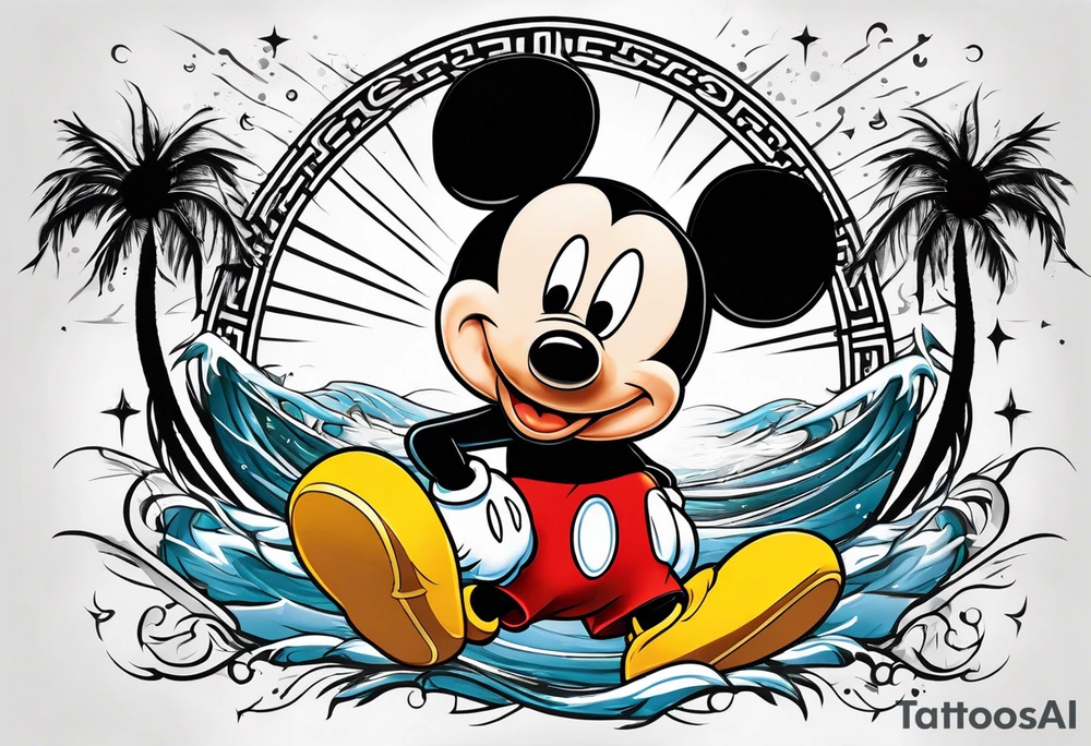 mickey mouse in a lightning storm with palm trees and the celtic symbol for family tattoo idea