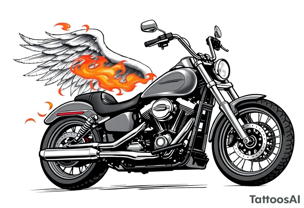 Harley grey motorcycle driving away, flames, angel wings tattoo idea