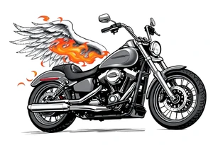 Harley grey motorcycle driving away, flames, angel wings tattoo idea