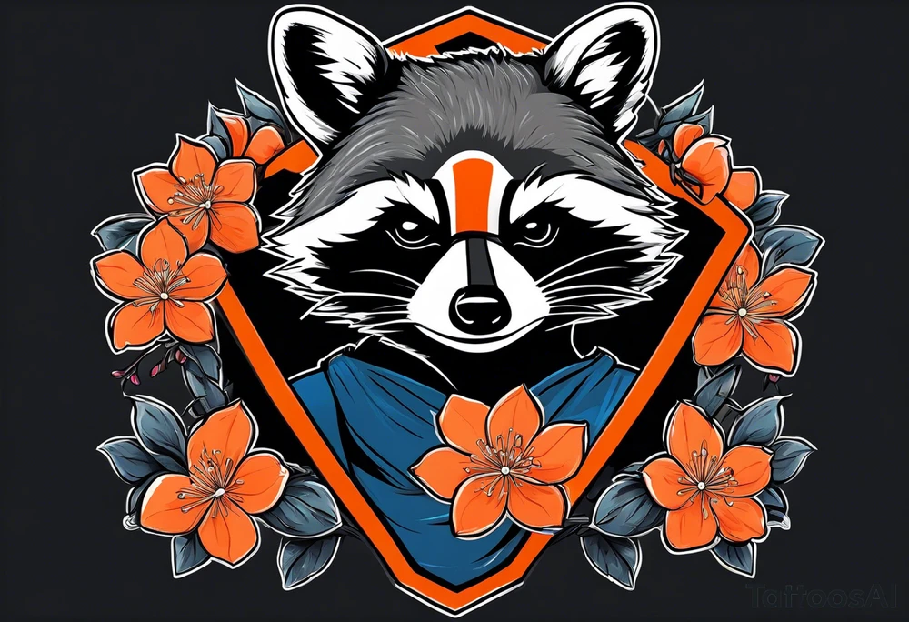 Raccoon wearing a white Superman logo on a black hoodie and orange Japanese cherry blossoms beside tattoo idea