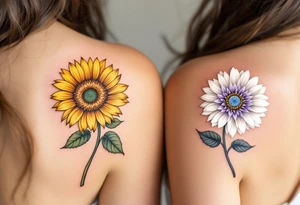 One partner wears a blooming sunflower in vibrant yellow, and the other a moonflower in soft white and lavender, symbolizing love in all seasons. tattoo idea